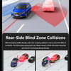 Diagram showing side-impact recording and rear-side blind zone collisions with a quad-camera multi-angle recording system.