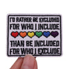 A set of embroidered iron-on patches featuring text and colored hearts on a white fabric background.