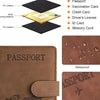 A brown PU leather passport holder with a card slot, showing the word PASSPORT embossed on the cover.