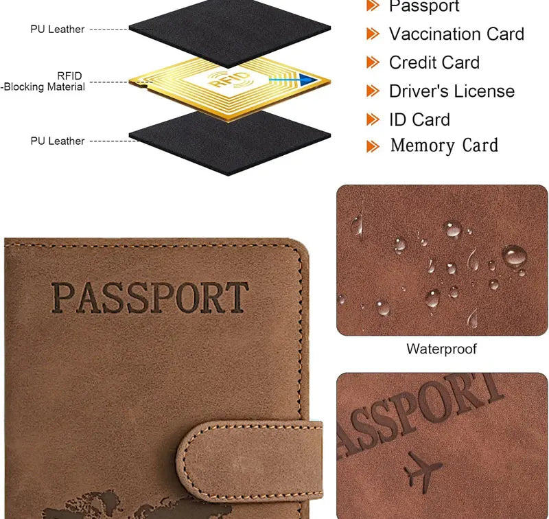 A brown PU leather passport holder with a card slot, showing the word PASSPORT embossed on the cover.