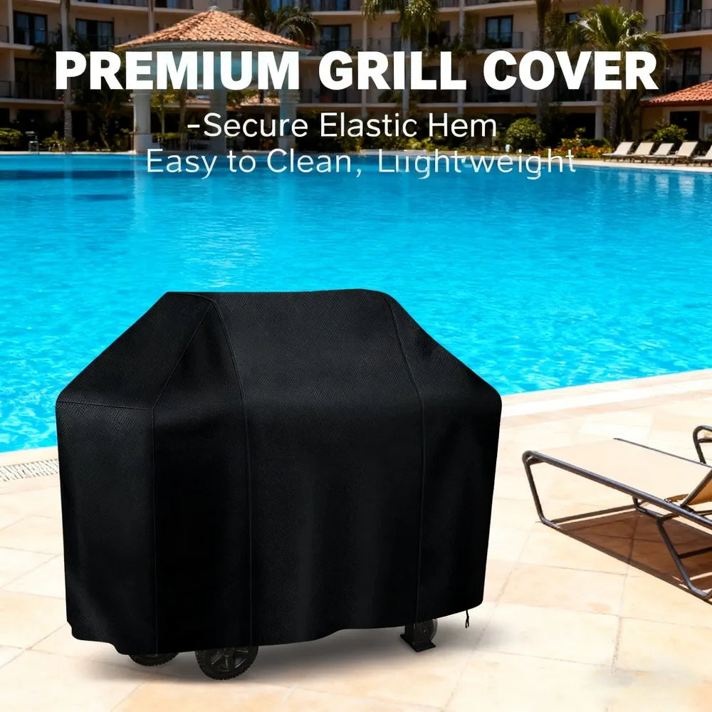Black elastic hem grill cover protecting a gas grill on a patio next to a swimming pool