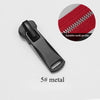 A black metal zipper slider is shown next to a close-up of a red fabric tooth profile.