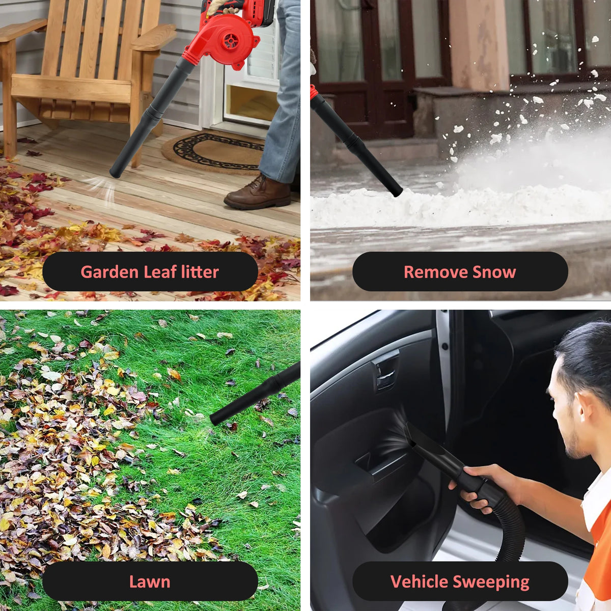 A cordless leaf blower and vacuum is shown cleaning garden leaf litter, snow, lawn, and vehicle surfaces.