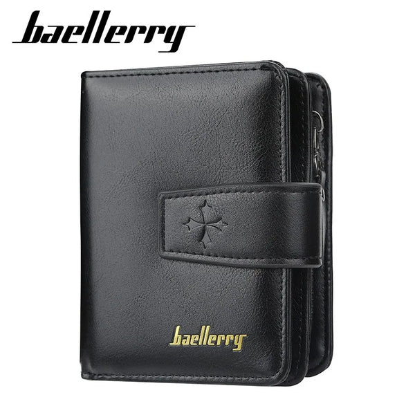 Black leather zipper wallet with gold lettering and a flap closure.