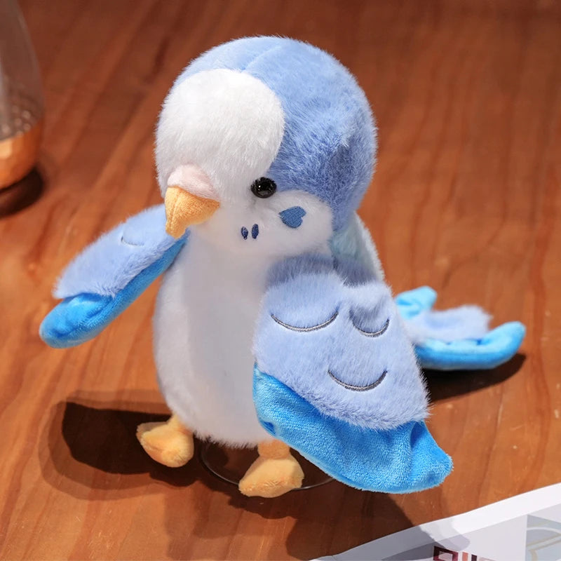 A soft blue and white plush parrot hand puppet toy with yellow feet and a beak.