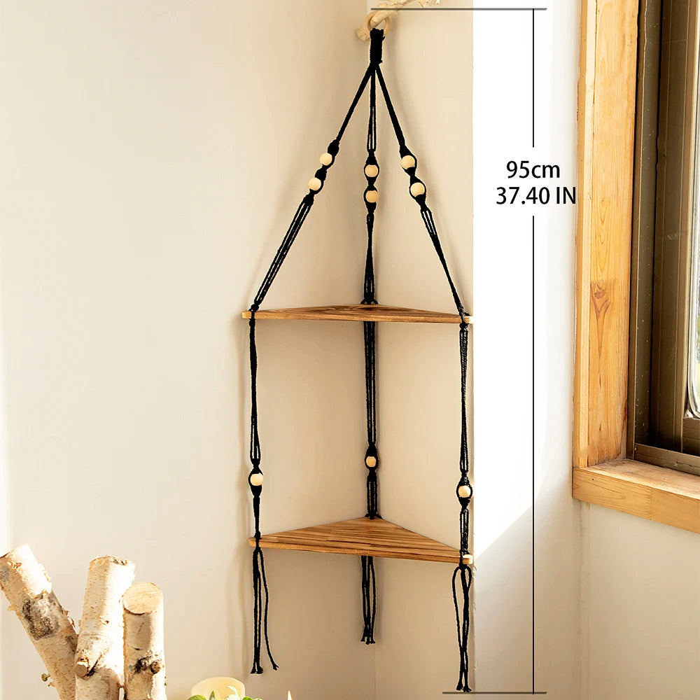 Triangle Wood Floating Wall Shelf with Macrame Rope