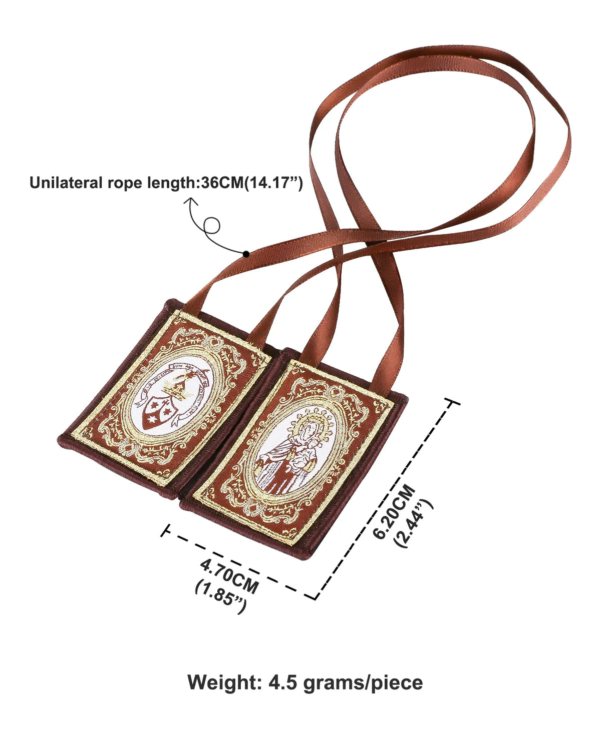 Brown rope necklace featuring a Lady of Mount Carmel scapular and Immaculate Heart pendant.