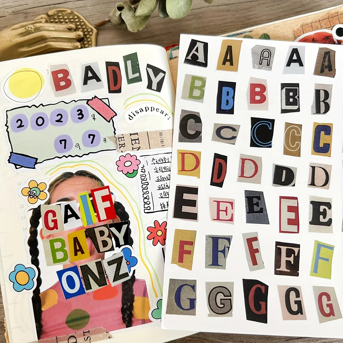 A collection of alphabet letter stickers featuring various colors and styles for scrapbooking and journaling.