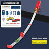 A red catapult track racing car set with die-cast cars and accessories laid out on a dark background.