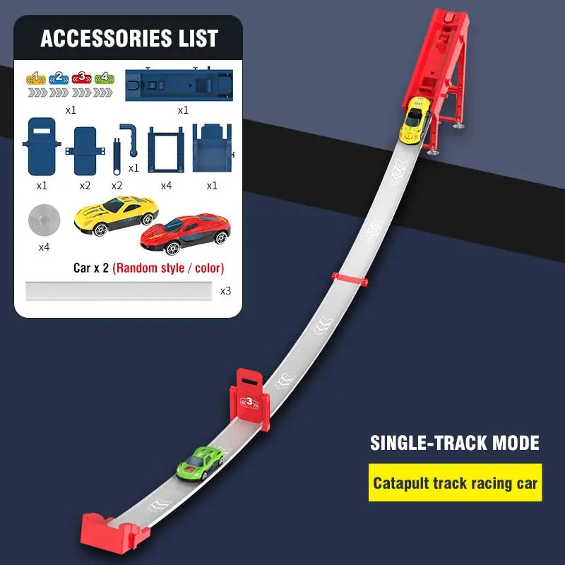 A red catapult track racing car set with die-cast cars and accessories laid out on a dark background.