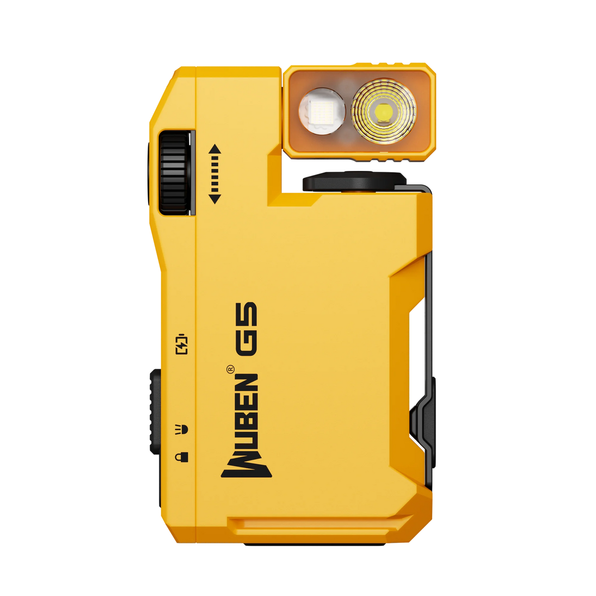 A yellow Wuben G5 compact rechargeable flashlight with a lens and switch visible against a black background.