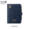 A navy blue leather travel wallet featuring an airplane pattern and RFID protection.