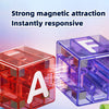 A clear plastic magnetic alphabet block labeled A and F inside a storage box