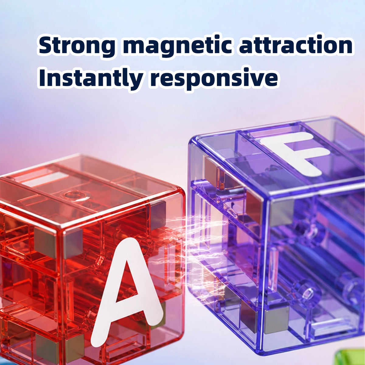 A clear plastic magnetic alphabet block labeled A and F inside a storage box