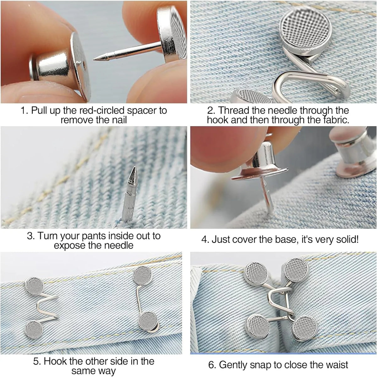 Instructions for using a jeans button extender and waist tightener to remove nails and adjust clothing.