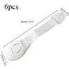 A white adhesive baby proofing latch for drawers, cupboards, and fridges, shown with dimensions.