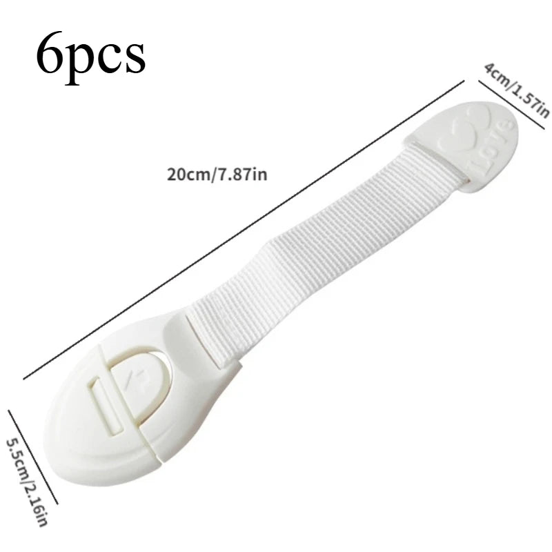 A white adhesive baby proofing latch for drawers, cupboards, and fridges, shown with dimensions.
