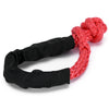 A black protective sleeve is attached to a bright red synthetic winch rope, coiled into a ring.