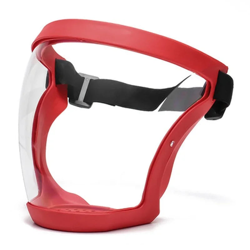 Red full face anti-fog splash shield with a black adjustable strap