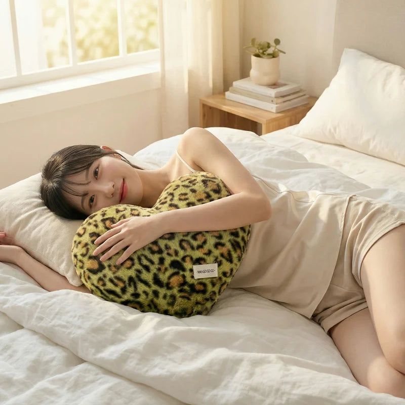 Leopard Print Heart-Shaped Plush Cushion