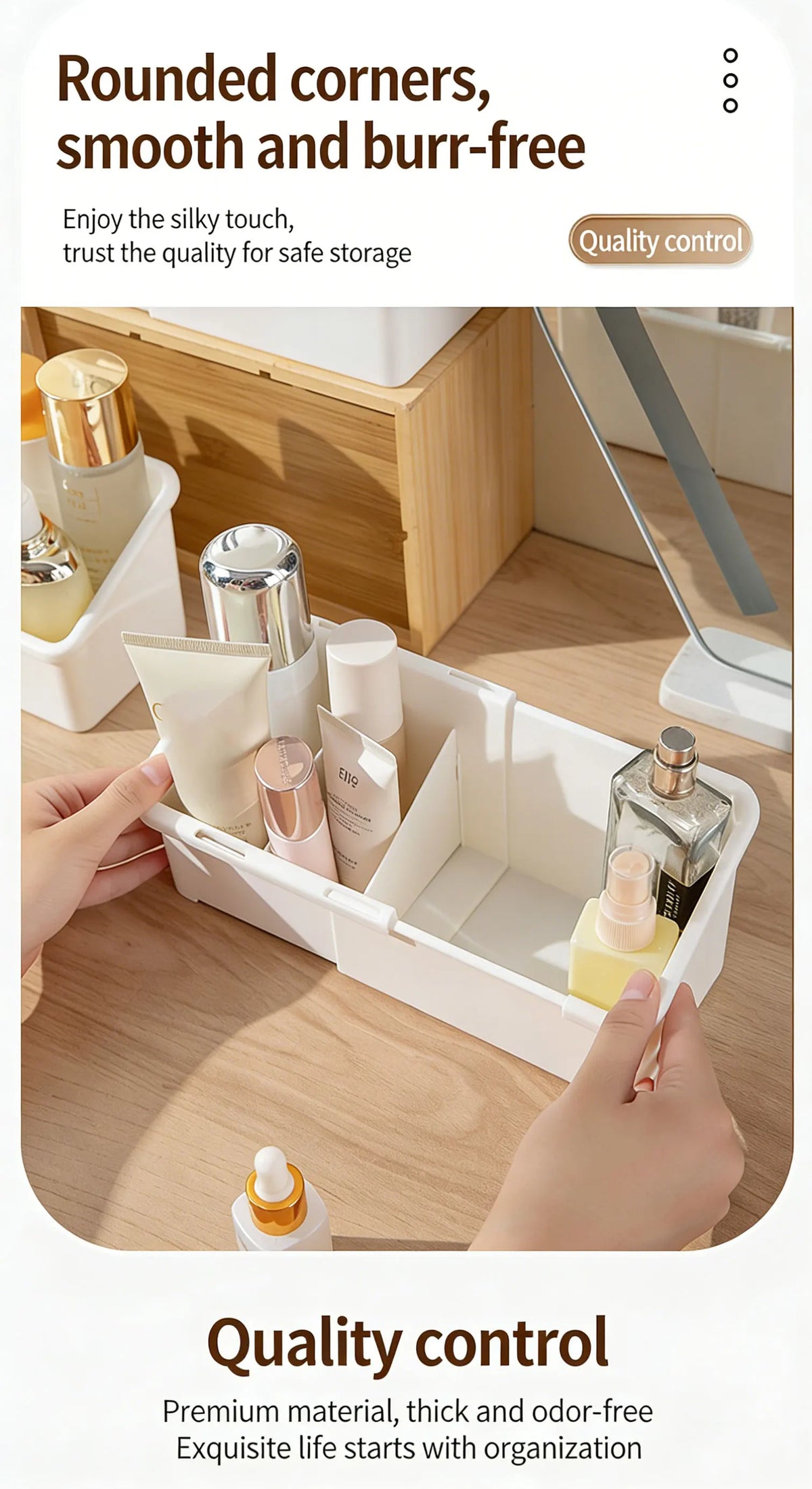 A white expandable vanity cosmetic organizer filled with various skincare products and bottles.