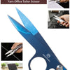 A pair of blue titanium-coated tailor shears with a leather sheath shown in various angles.