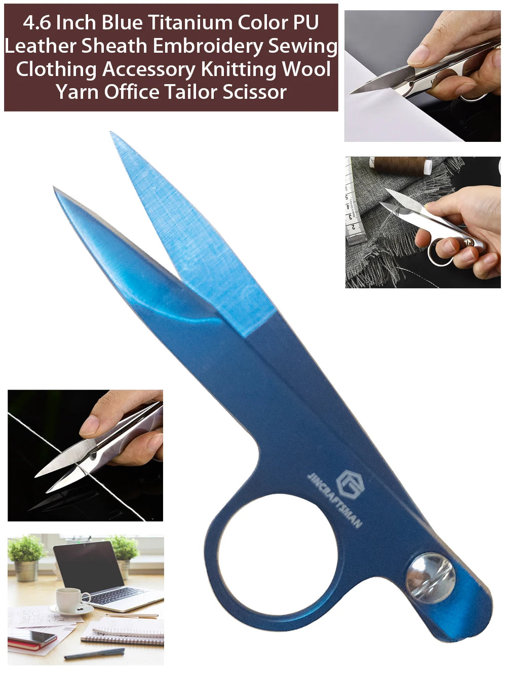 A pair of blue titanium-coated tailor shears with a leather sheath shown in various angles.