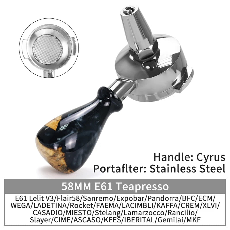A silver stainless steel bottomless espresso portafilter with a black handle for E61 machines.