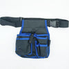 Black and blue heavy-duty tool waist bag with multiple pockets and a strap