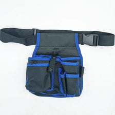 Black and blue heavy-duty tool waist bag with multiple pockets and a strap