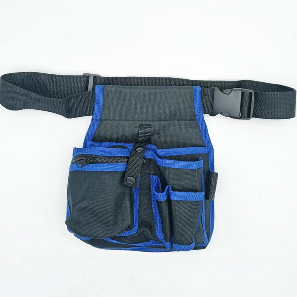 Black and blue heavy-duty tool waist bag with multiple pockets and a strap