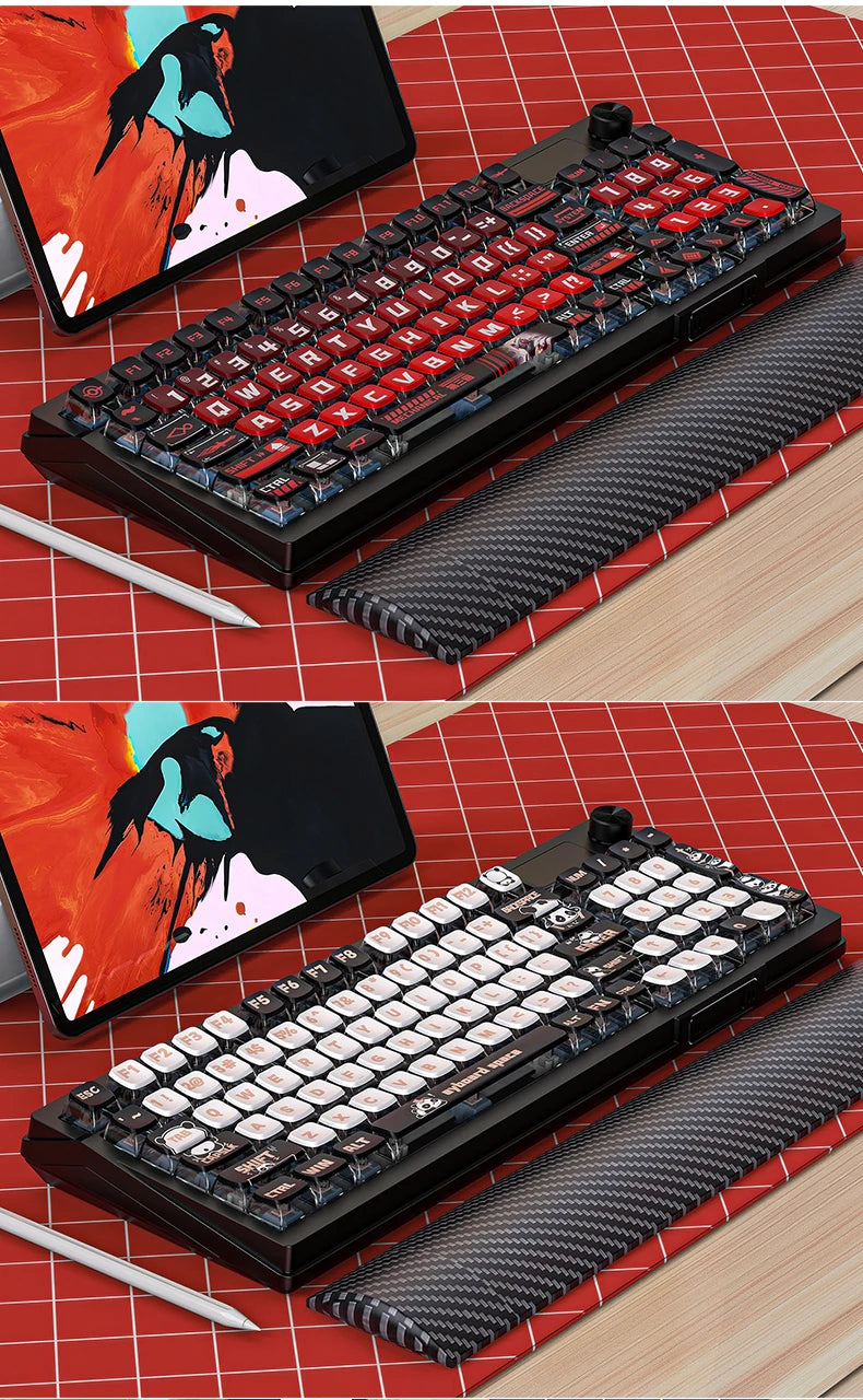 A close-up view of a pudding keycaps set keyboard and a matching laptop, displayed on a red grid background.