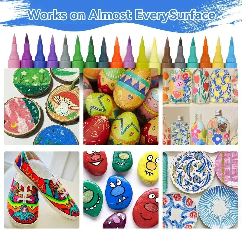 A collection of colorful acrylic paint markers and paints used for rock painting and crafts.