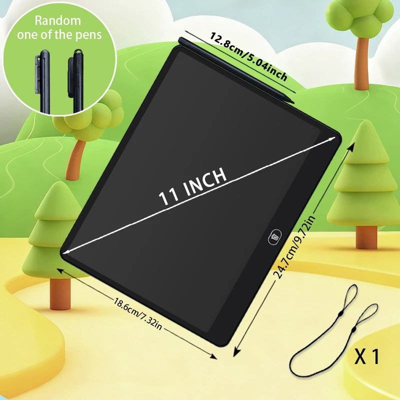 Tablette d'écriture LCD noire de 11 pouces avec des stylos et des arbres verts environnants.