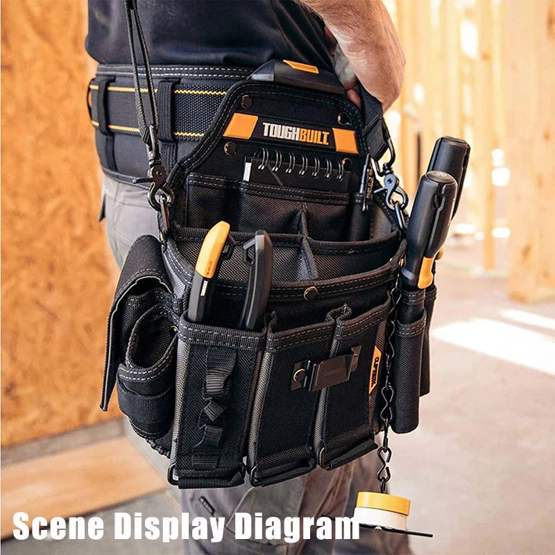 A black ToughBuilt electrician tool pouch with a belt clip and kickstand is shown on a person's waist.