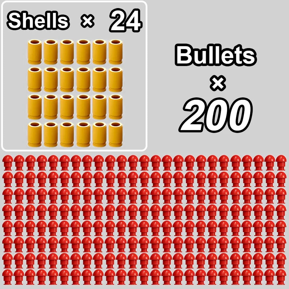 A grid of 24 shells and a group of 200 bullets for a toy gun or dart game.