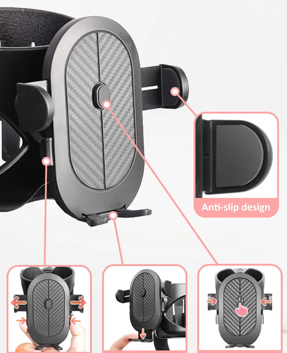 A black universal stroller cup and phone holder with an anti-slip design shown in various angles.