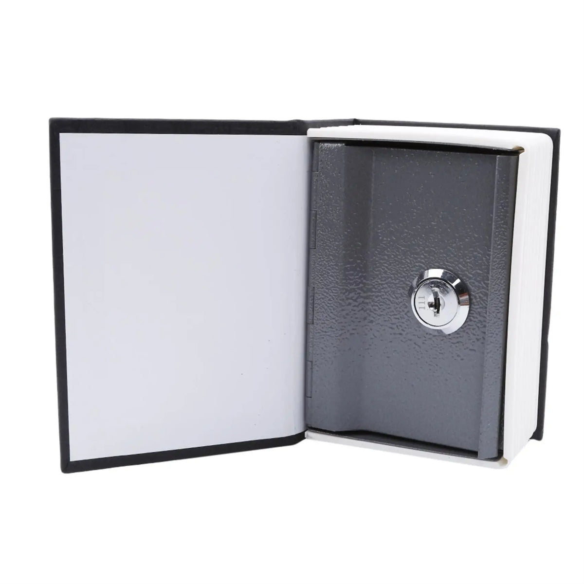 Libro diccionario oculto negro y blanco con cerradura plateada, abierto para mostrar el interior.