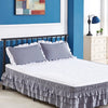 A bed with a gray elastic skirt and white bedding against a blue wall.