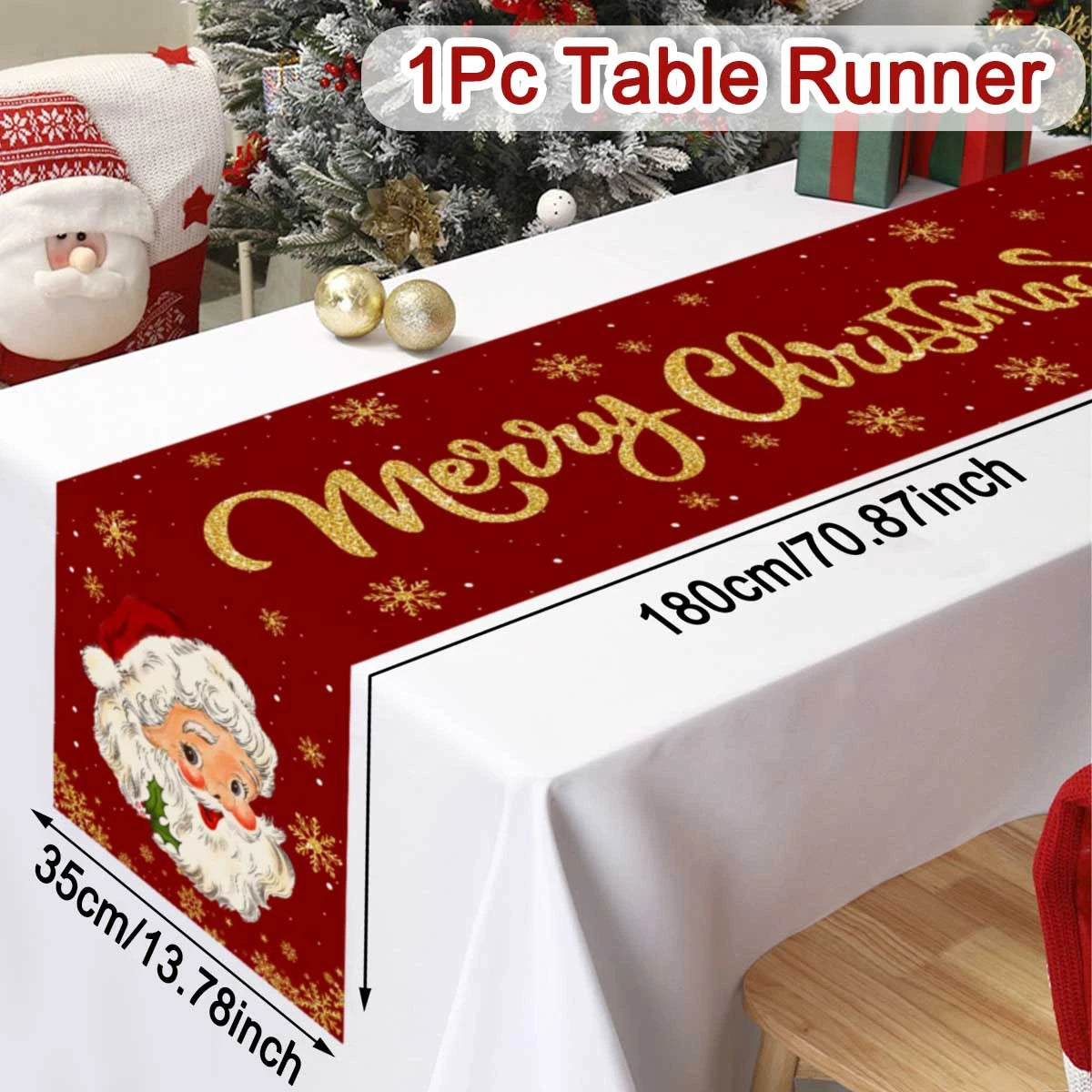 A red festive Santa Claus Christmas table runner displayed on a white tablecloth.
