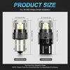 A pair of LED bulbs for vehicle lights showing the product size and installation details.