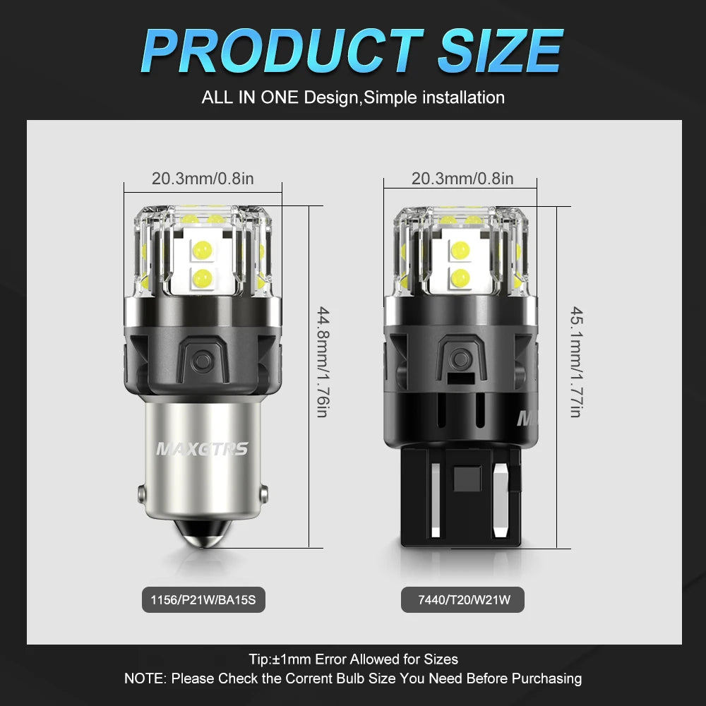 A pair of LED bulbs for vehicle lights showing the product size and installation details.