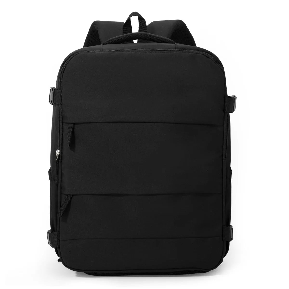 Black travel and commuter backpack viewed from the back