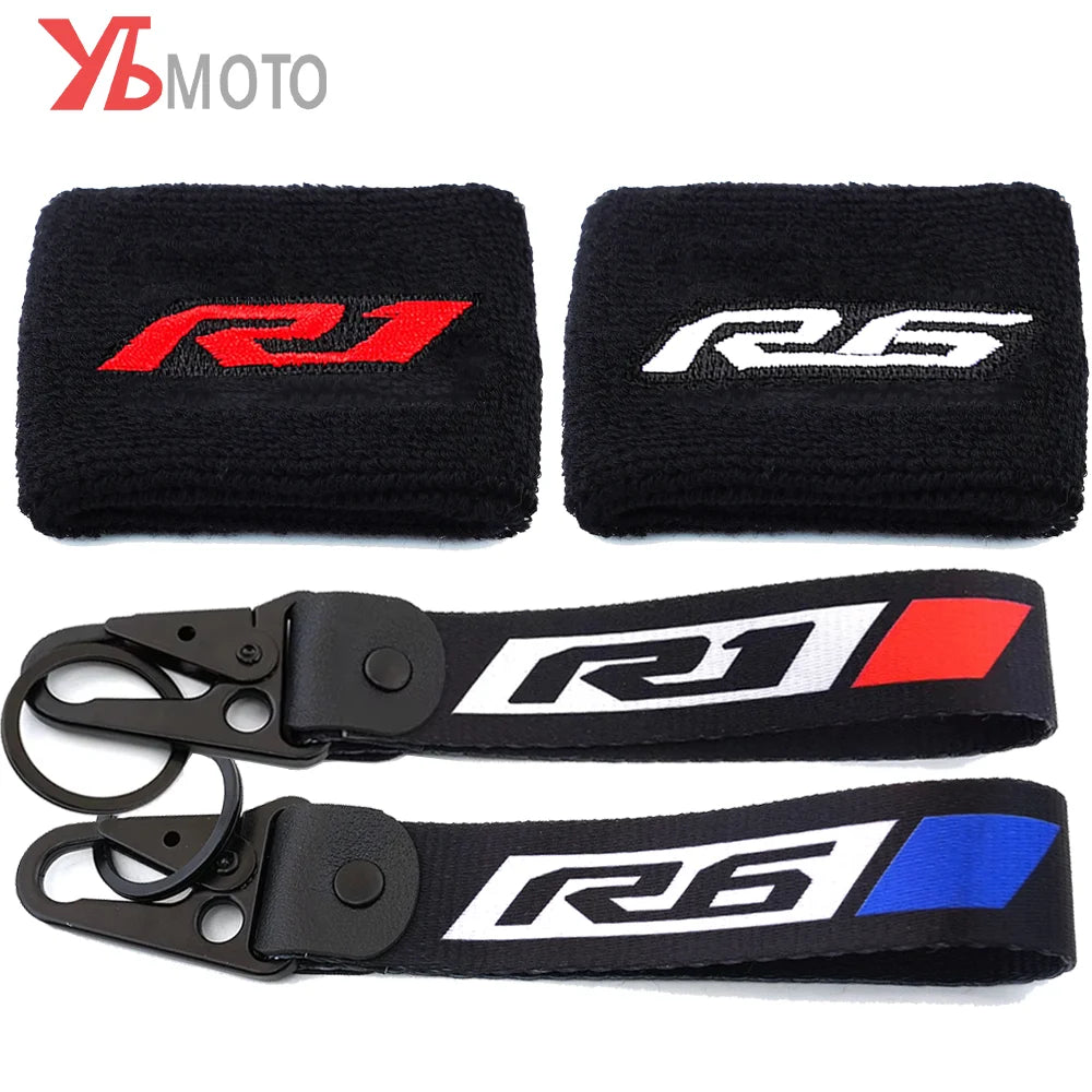 Black fabric covers featuring red and white logos for Yamaha R1 and R6 brake fluid reservoirs
