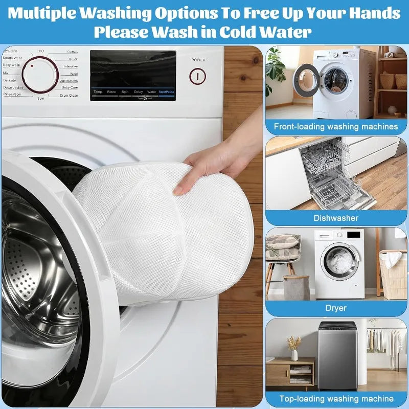 A hand places a white mesh laundry bag, designed as a washing cage, into a front-loading washing machine.