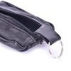 A black leather compact zippered coin purse with a key holder attached.
