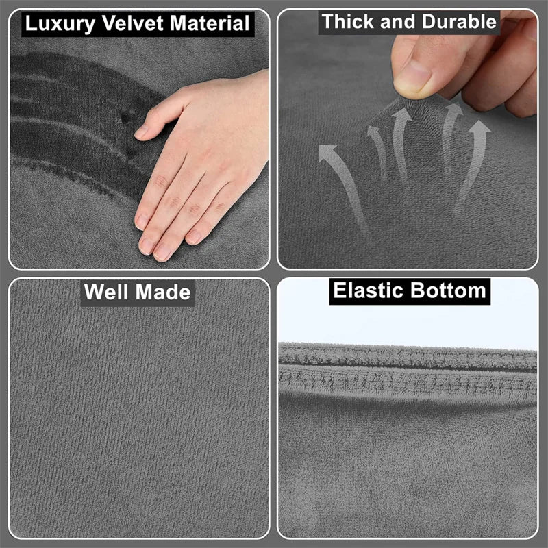Close-up views of a gray luxury velvet material product showing its thickness, durability, and well-made texture.