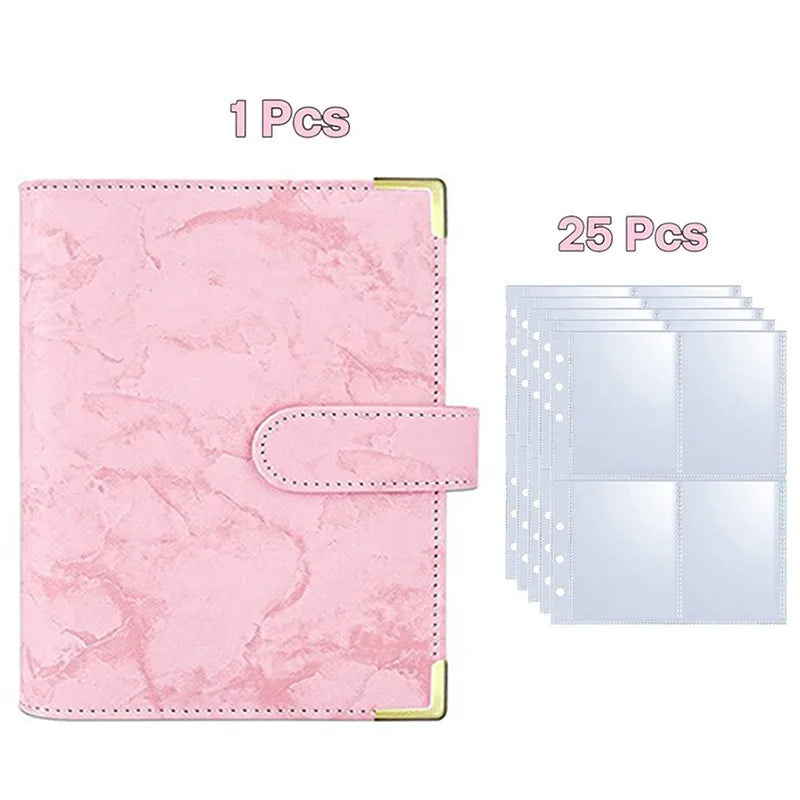 A pink marble-patterned A5 PU photocard album with a gold edge and 25 included pages