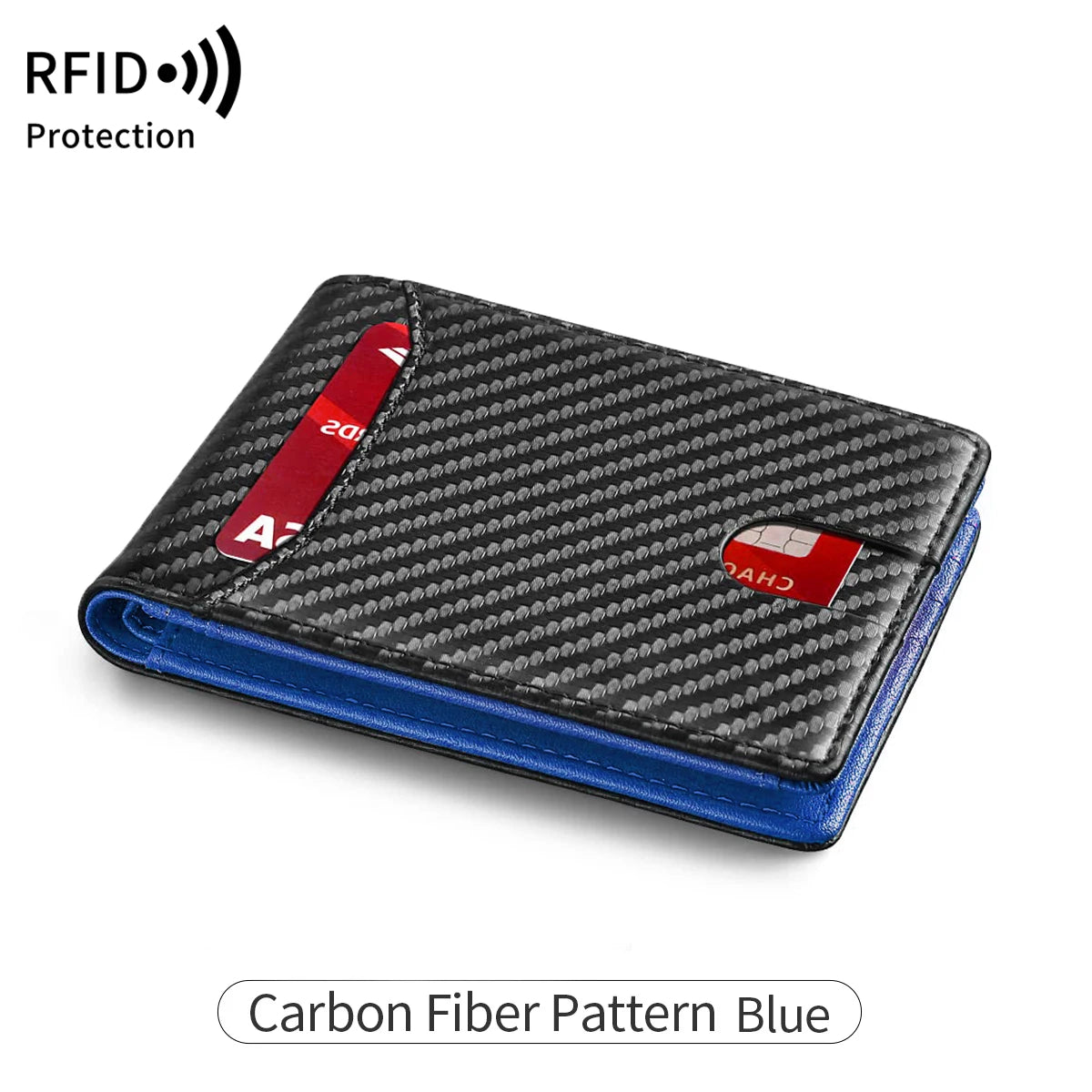A black and blue slim leather bifold wallet featuring a carbon fiber pattern and RFID protection.