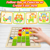 A hand is assembling a wooden Montessori shape puzzle set with colorful geometric pieces on a light wood board.